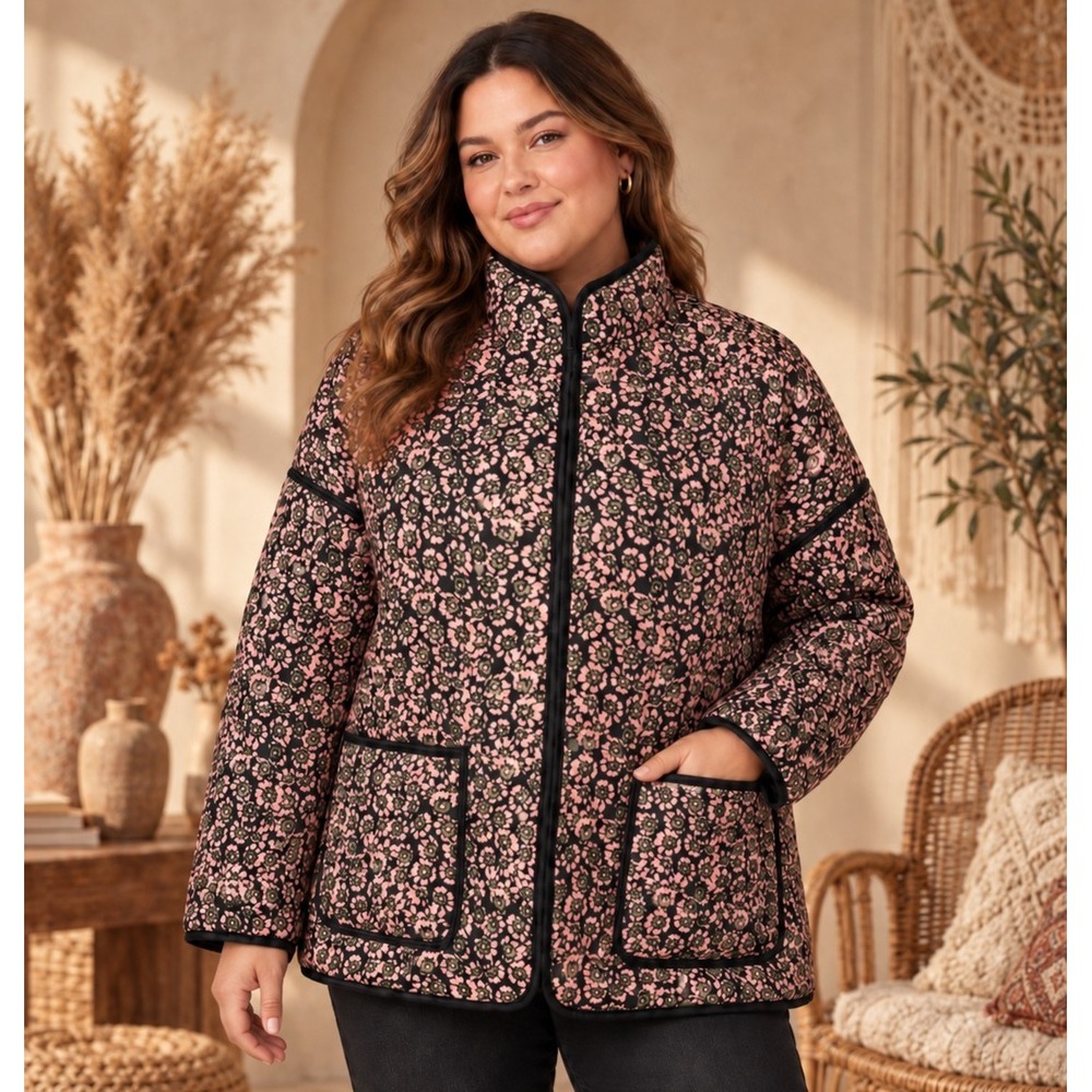Floral Quilted Puffer Jacket Pink Green Black Open Front Pockets Large
